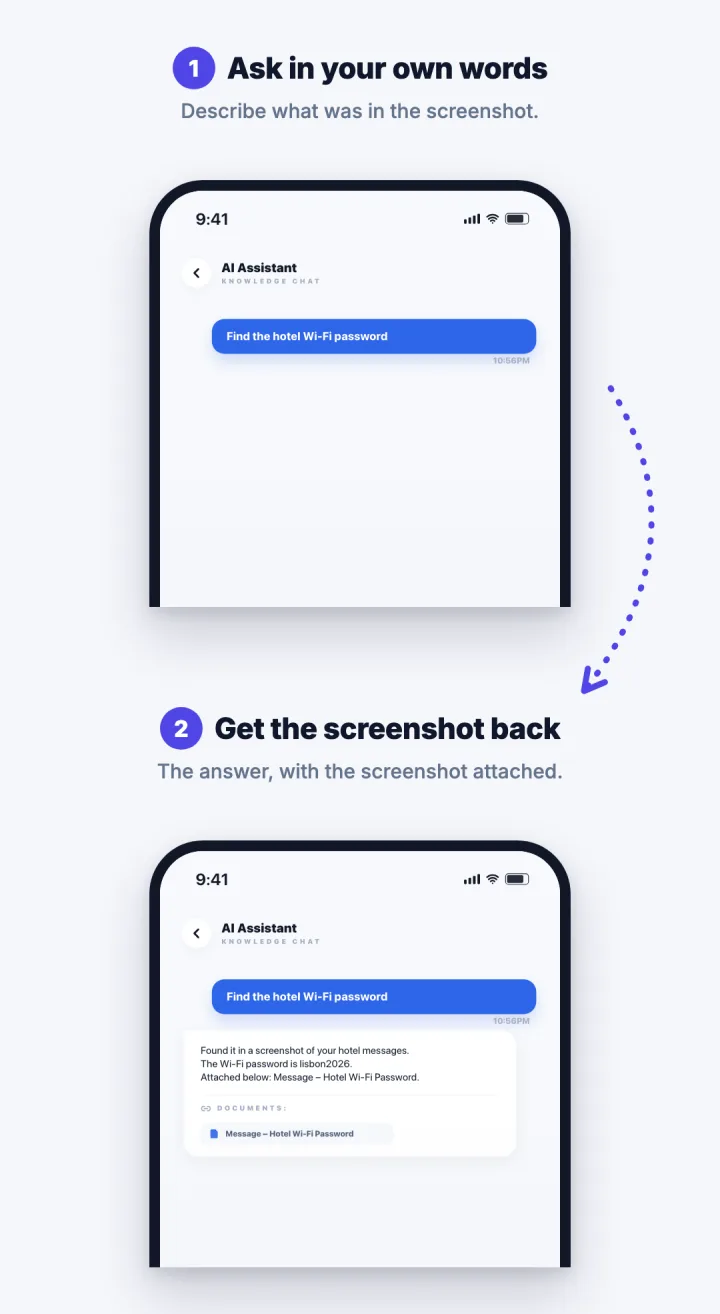 Two steps in the Filex AI app: ask "Find the hotel Wi-Fi password", then get an answer with the matching screenshot attached